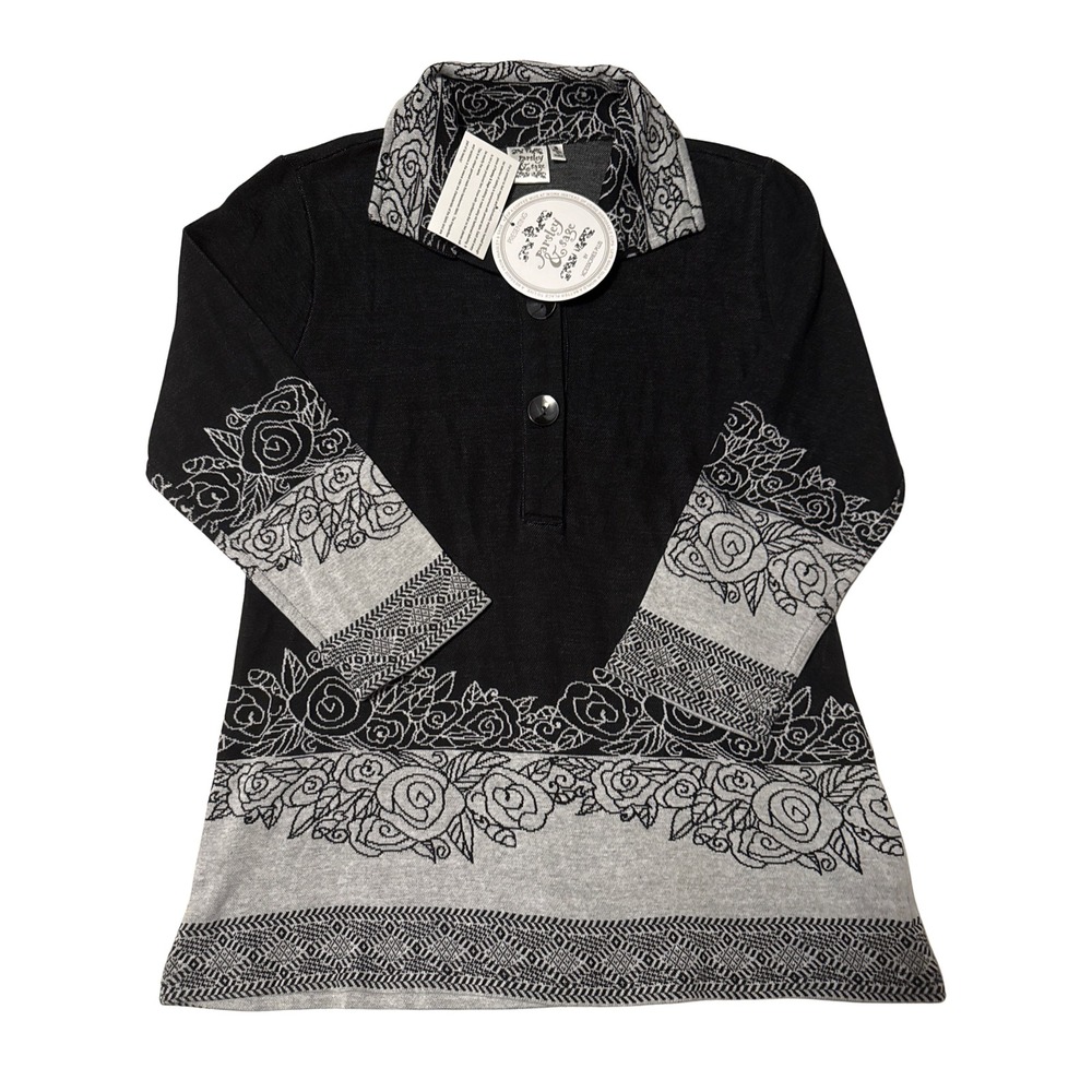 Parsley & Sage Cardigan Small NWT Black Gray Roses Floral Art to Wear Lagenlook